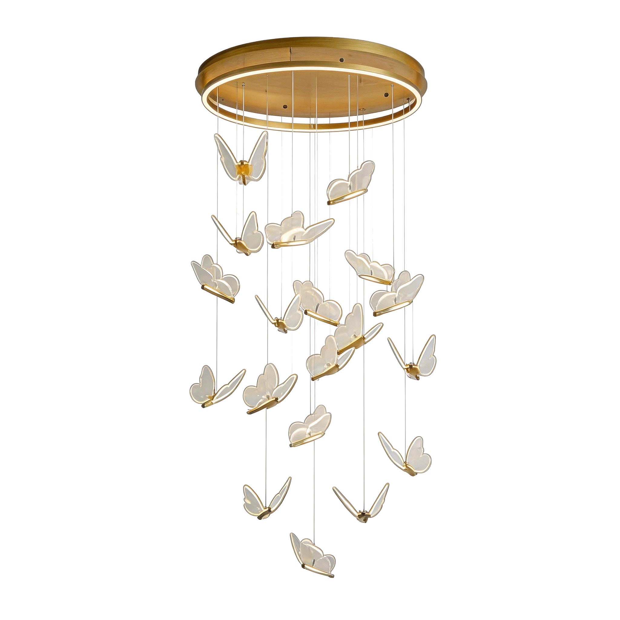 Large cascading gold butterfly chandelier with multiple glowing heads for high ceiling foyers.