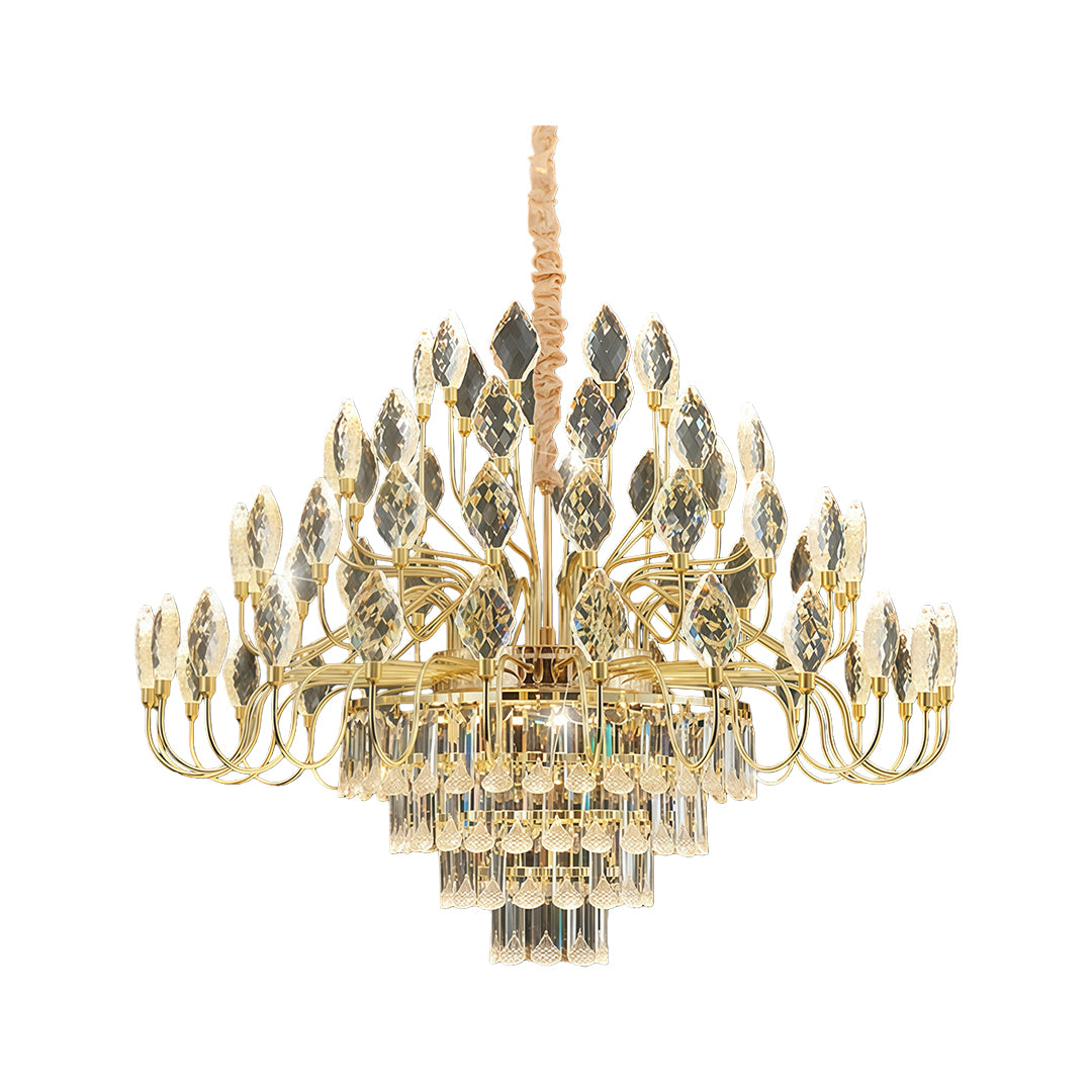 Large ceramic chandelier in gold finish with layered crystal details.