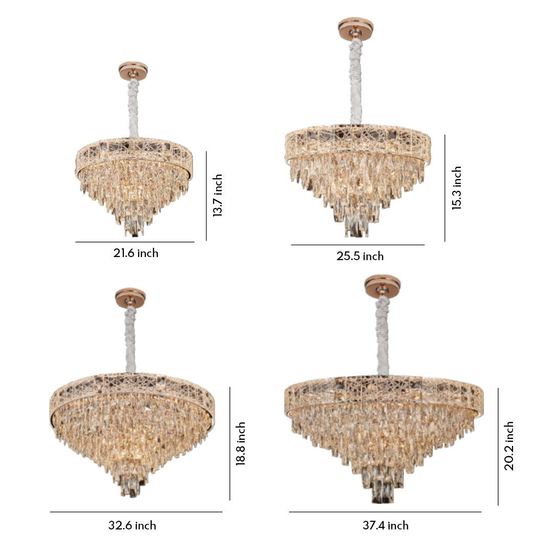Large chandelier crystal size chart showing multiple tiered designs with golden finish.