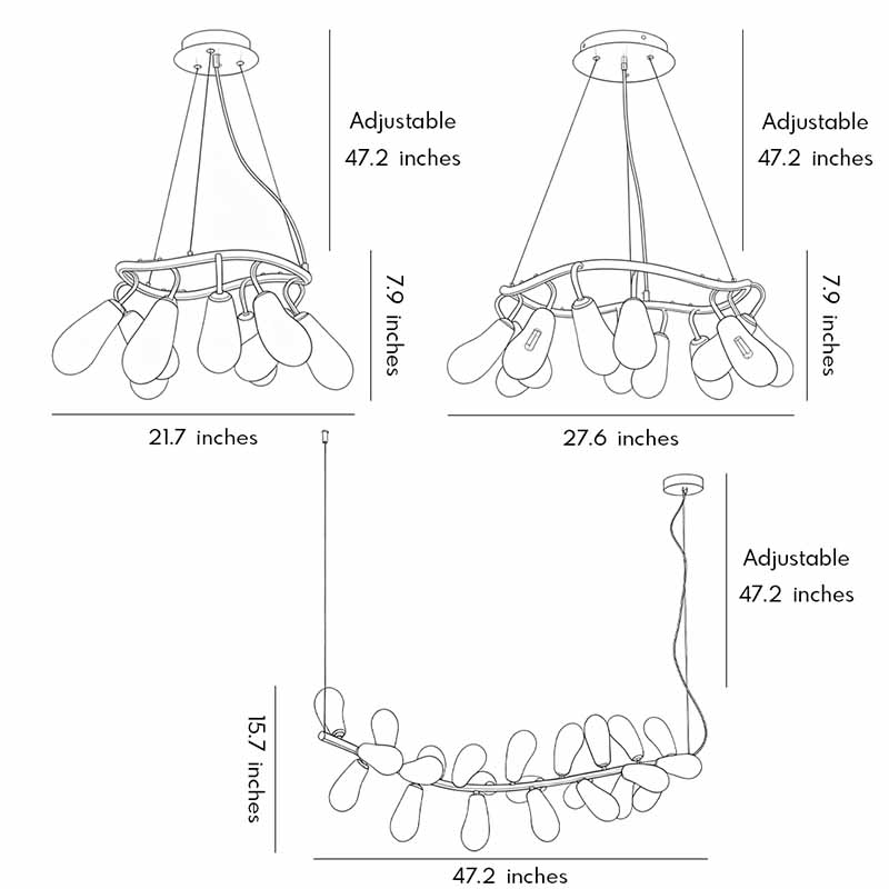 Technical drawing of chandelier installation options with different sizes and configurations.