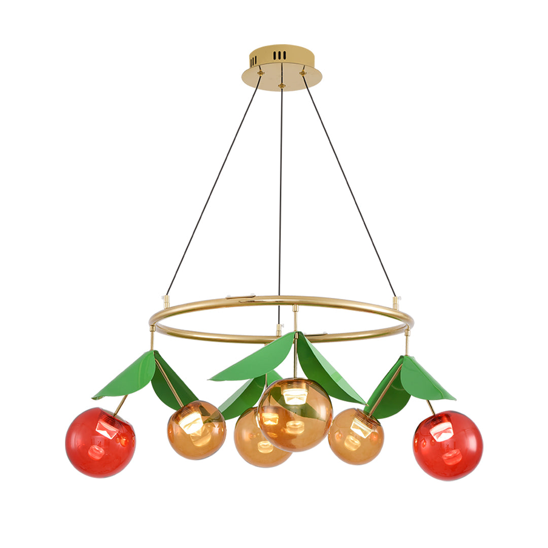 Large cherry-inspired pendant chandelier with multiple colorful glass spheres arranged on brass ring structure