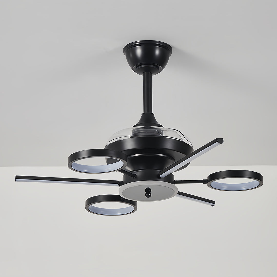 Ceiling fans with multiple lights featuring a large circular light fixture and sleek black blades