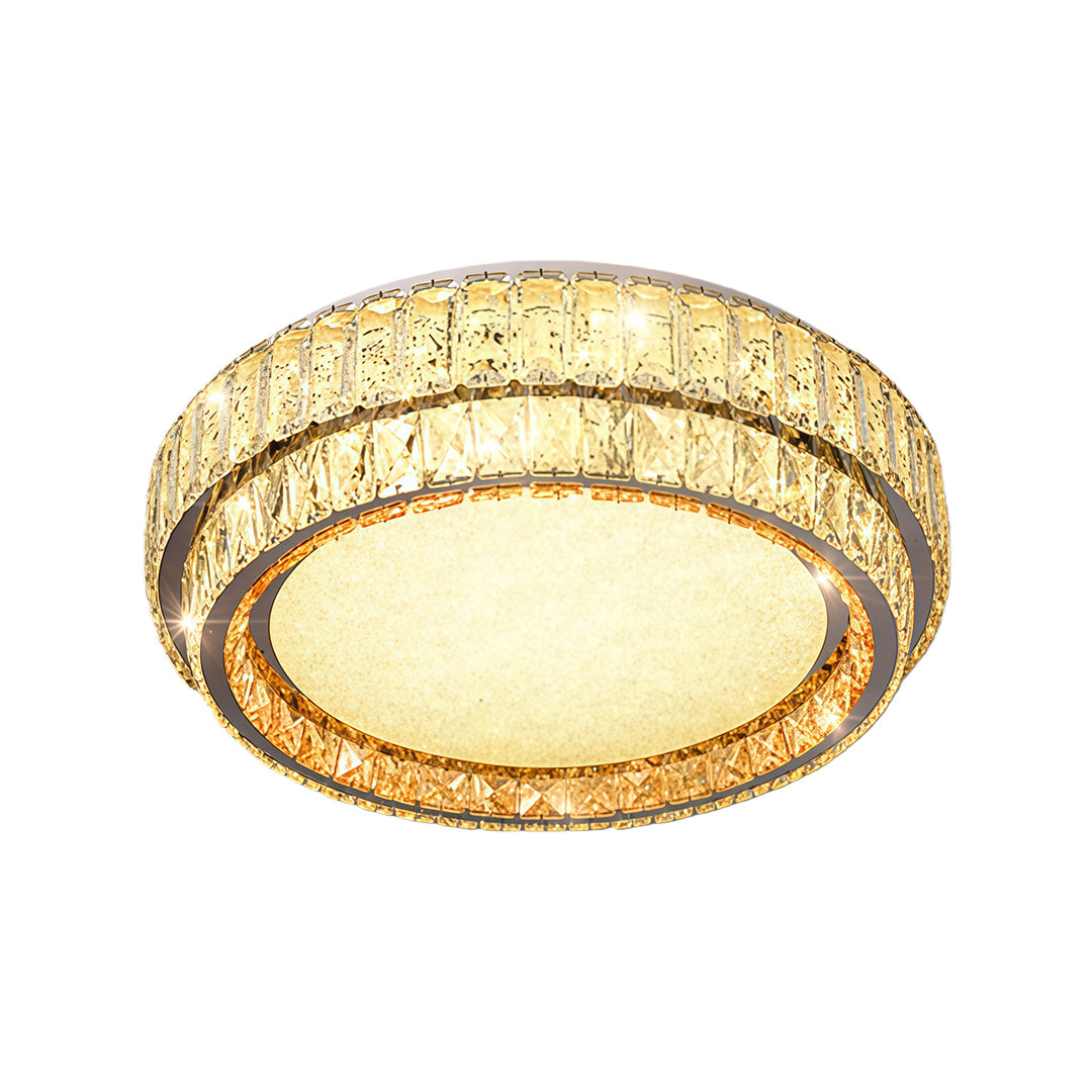 Large contemporary flush mount lighting featuring glass shade chandelier design with ornate gold finish and crystal border detail.