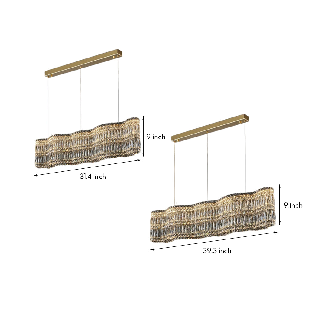 Modern large crystal chandelier with a gold frame, showcasing a sleek rectangular design.