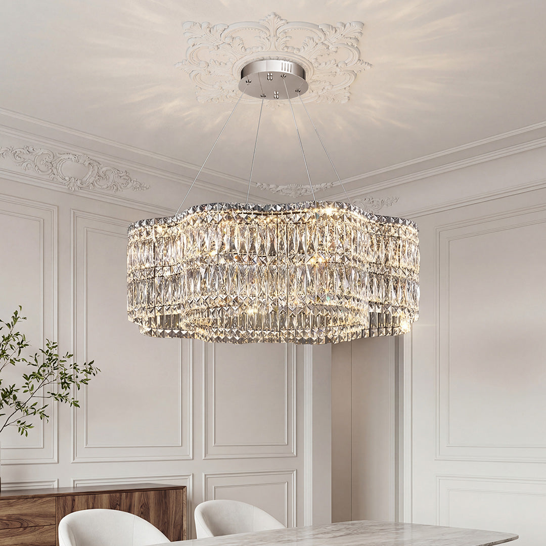 Stunning large crystal chandelier with tiered rectangular prisms and a silver chrome finish.