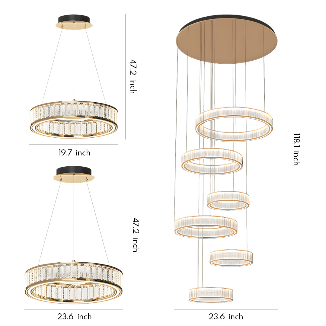 Large crystal chandeliers collection showing various circular and tiered designs with rectangular glass elements in gold finish
