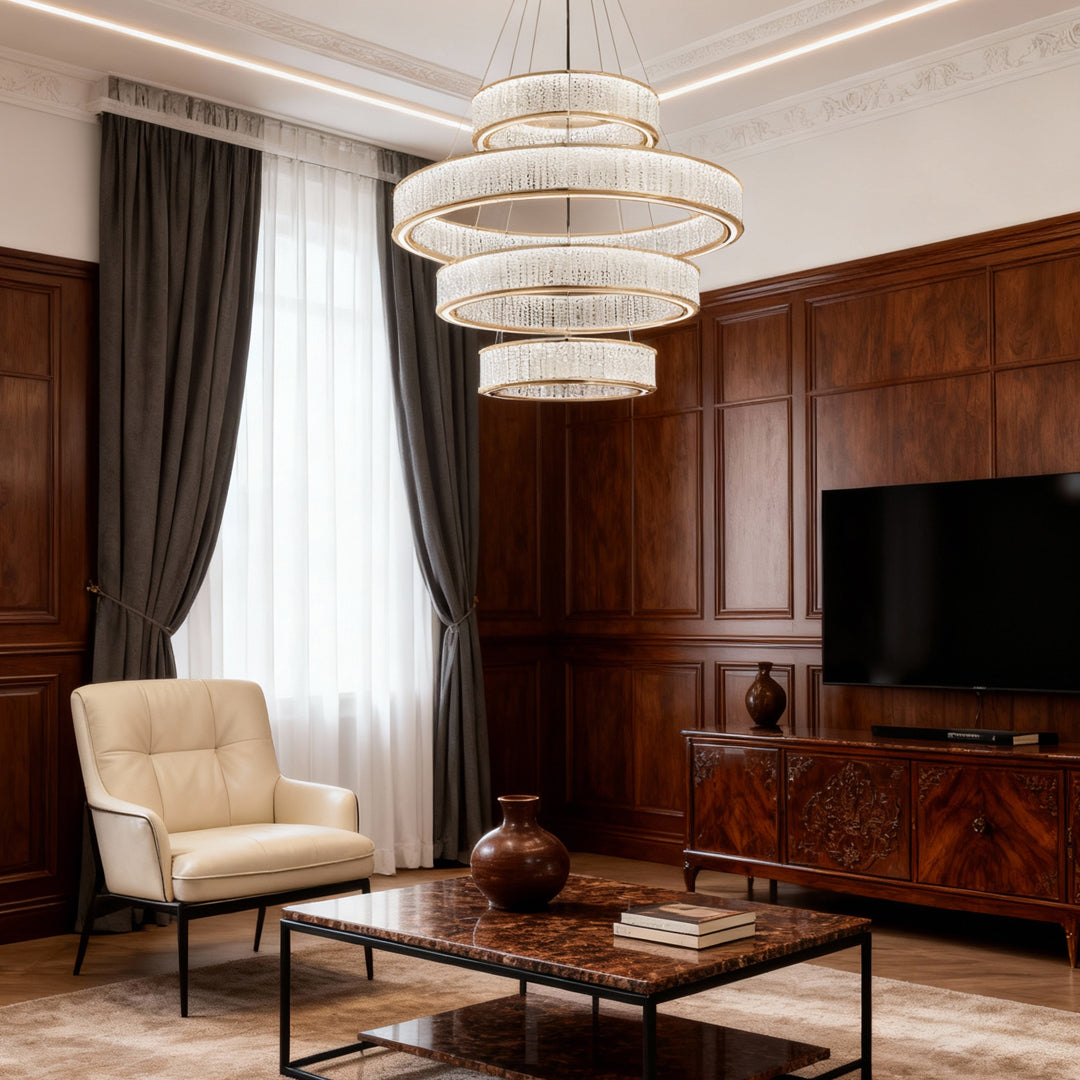 Large crystal chandeliers illuminating elegant sitting room with traditional wood furniture and classic interior styling
