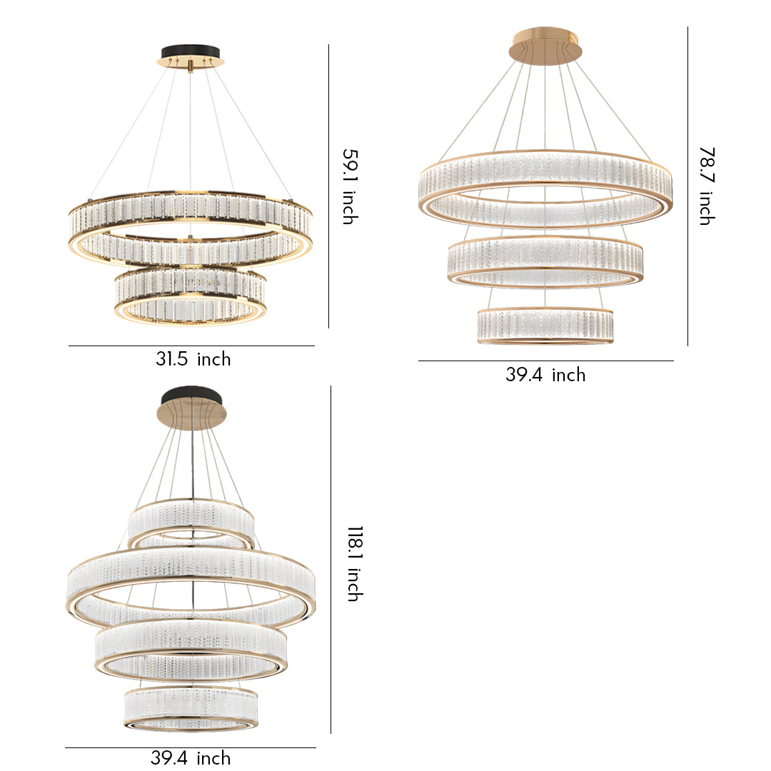 Multiple large crystal chandeliers displaying round and oval configurations with layered crystal glass panels in champagne tone