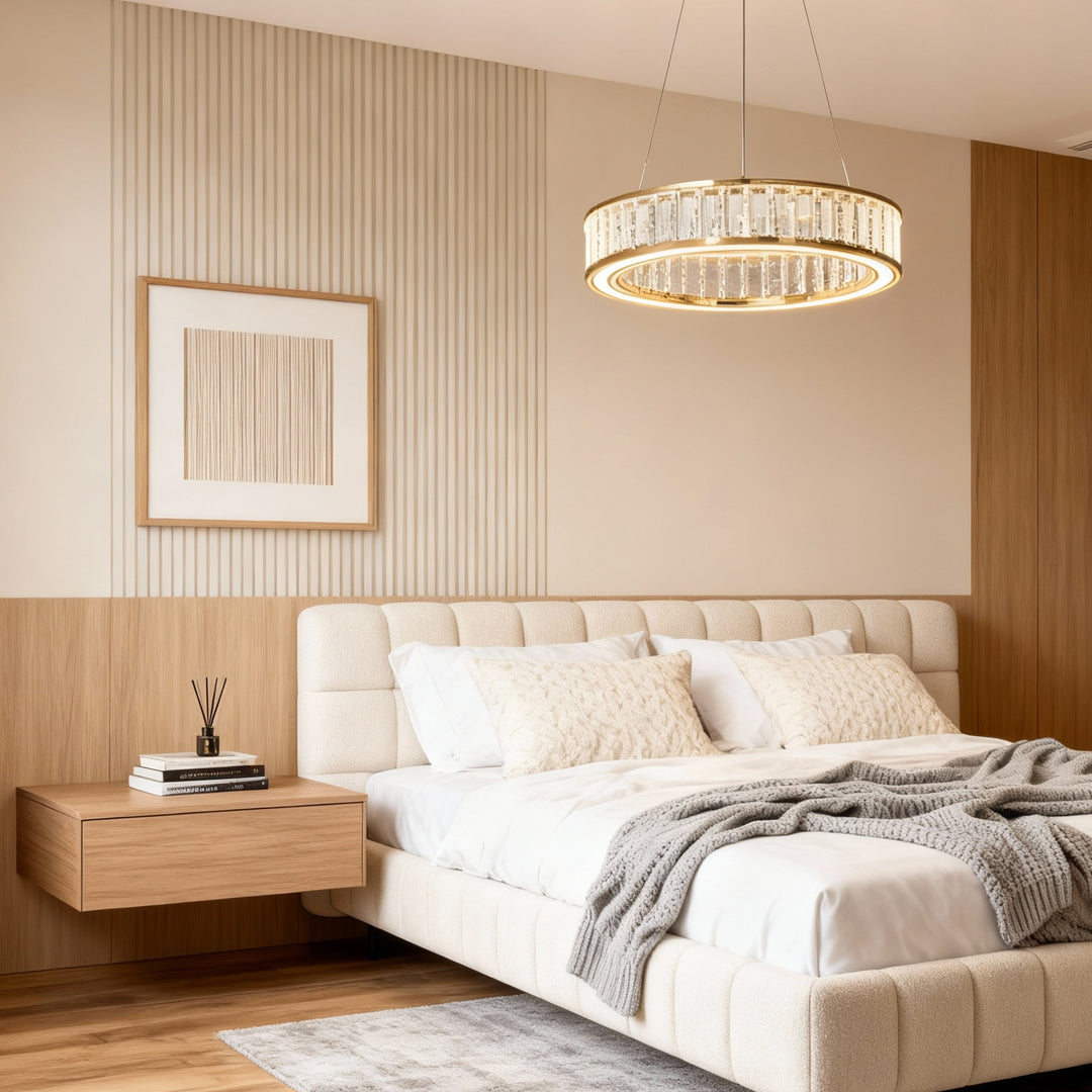 Large crystal chandeliers providing warm lighting in bedroom with wood slat paneling and upholstered bed design