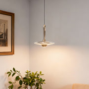 Large crystal pendant light illuminating entryway with warm glow above wooden console and botanical decor