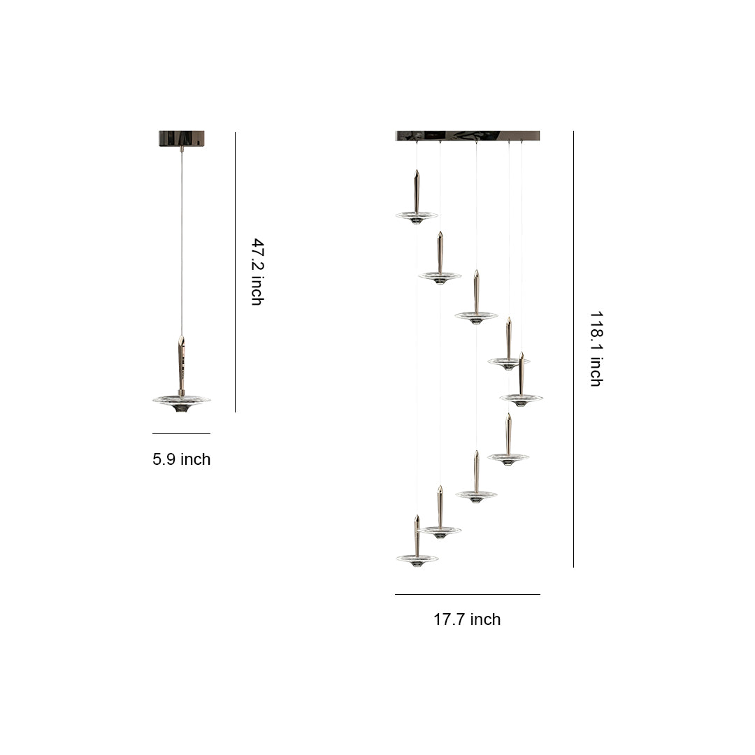 Multiple large crystal pendant light designs showing various cascading configurations with circular glass shades in different sizes