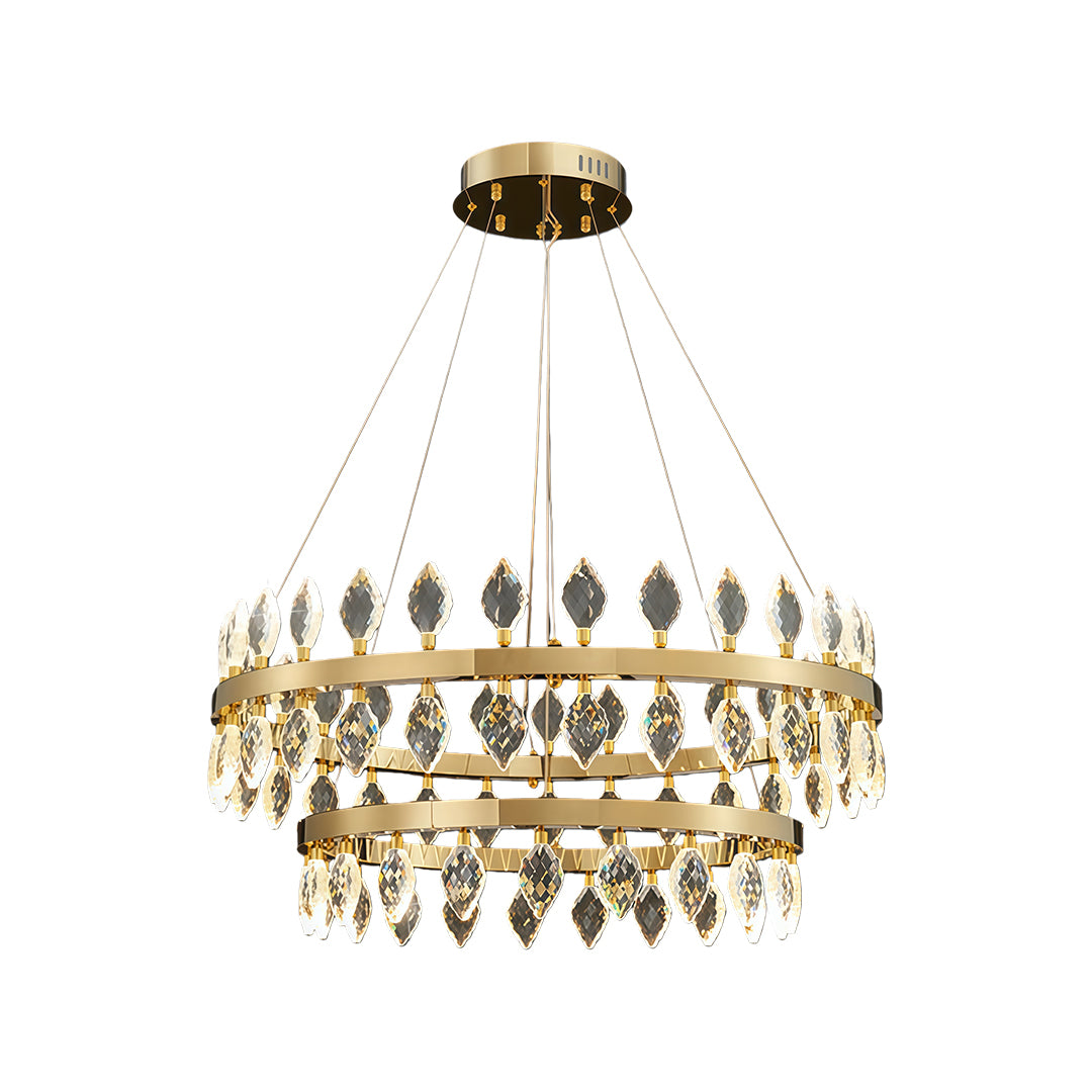 Double-ring crystorama chandeliers with layered crystal accents.