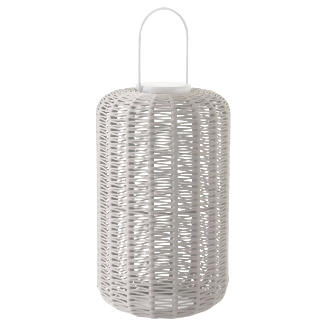 Large cylindrical outdoor LED lantern in a light gray finish, showing the durable, weather-resistant outdoor material.