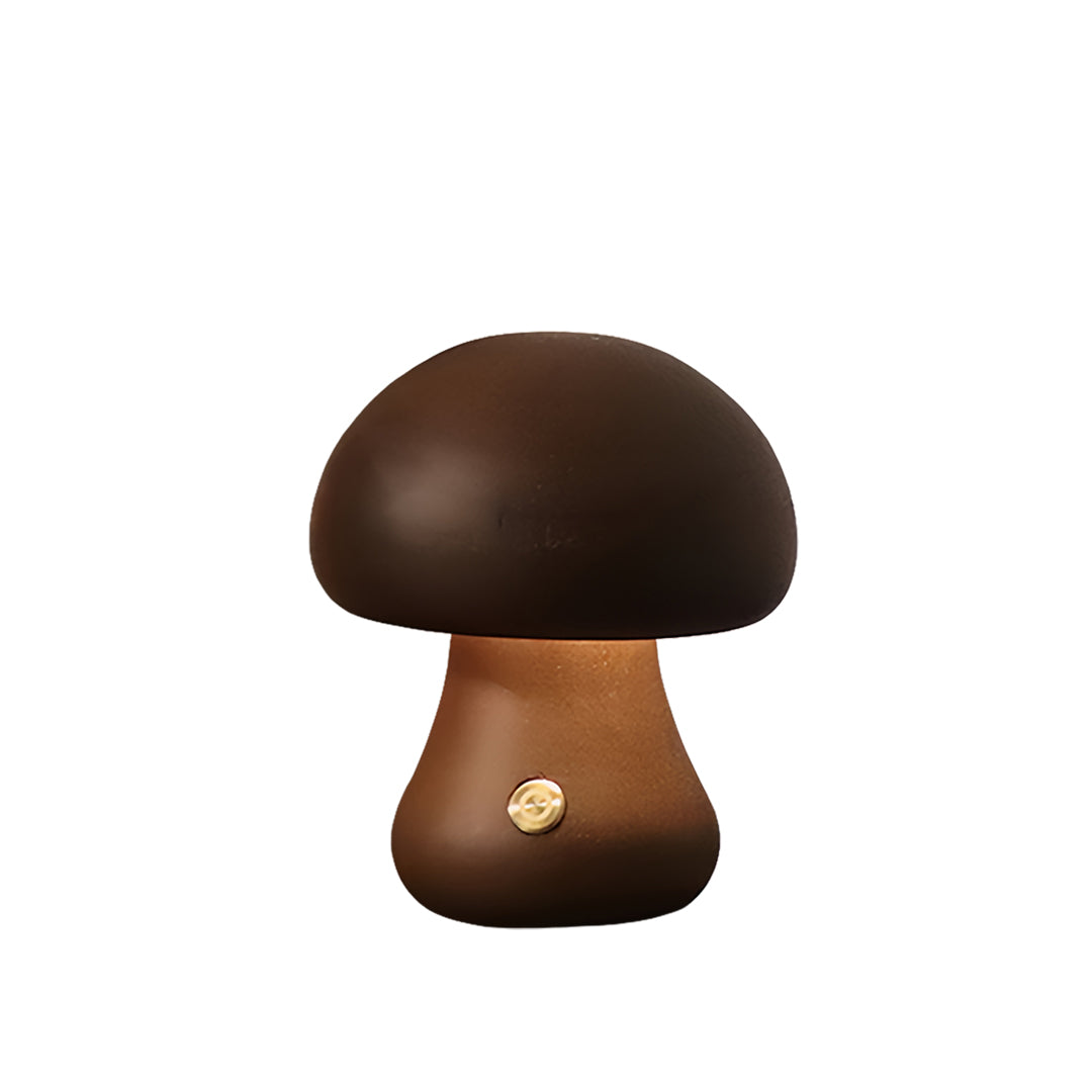 Large mushroom table lamp with dark brown cap and prominent illuminated cylindrical stem