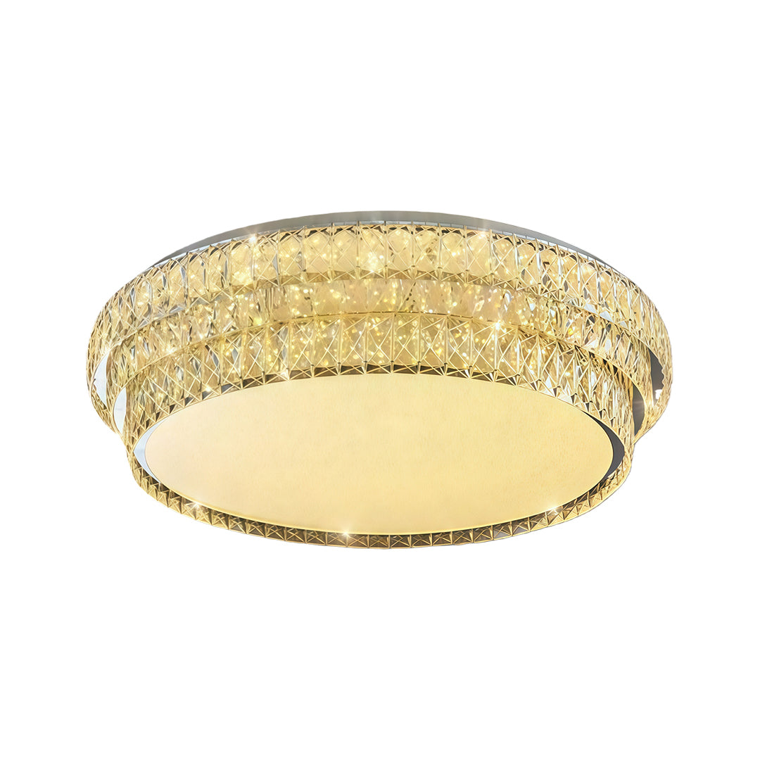 Large flush mount modern lighting featuring glass shade chandelier design with ornate crystal trim and warm LED illumination.