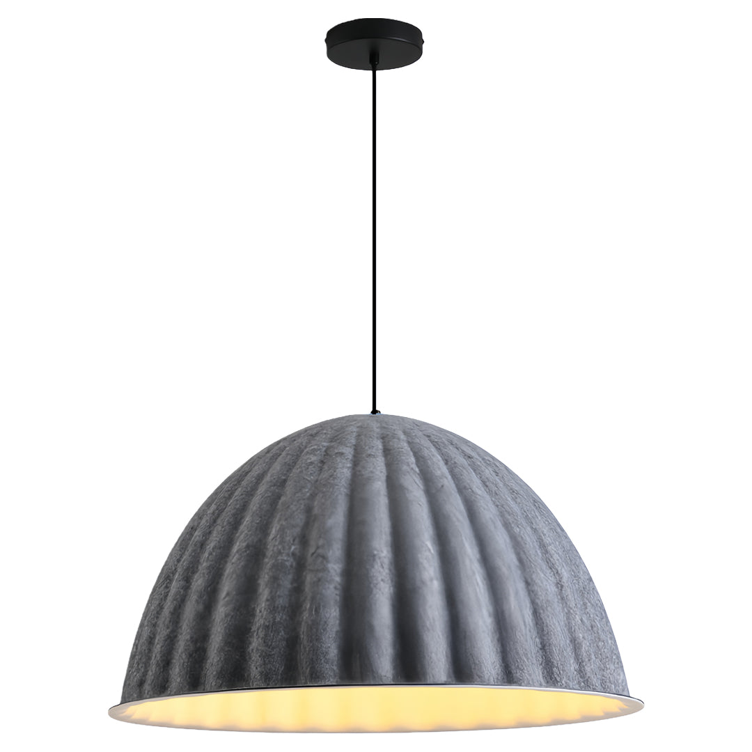 Full product view of the large gray pendant light, highlighting its substantial size and elegant minimalist design.