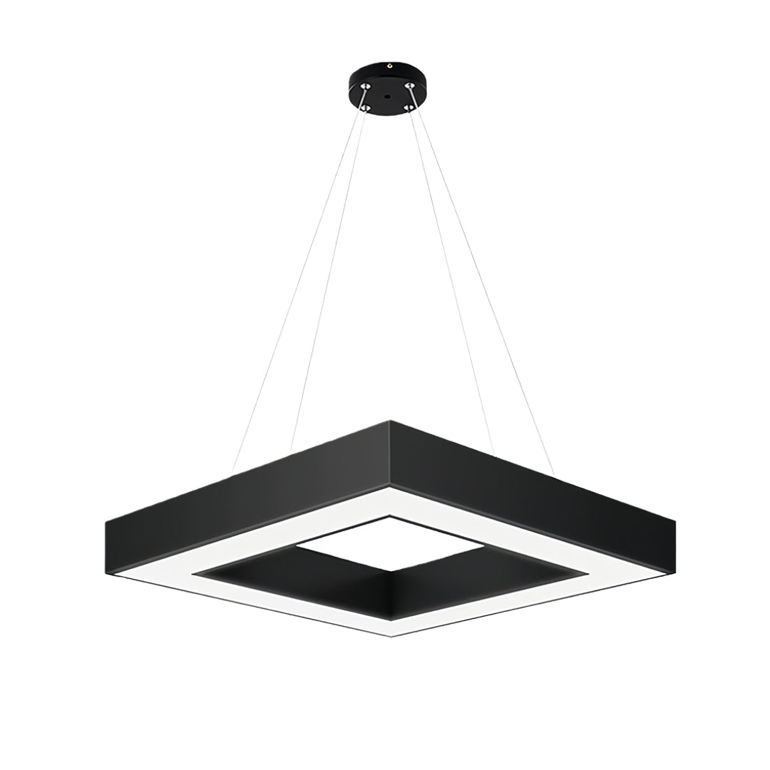 Large modern black chandelier with illuminated geometric shapes, ideal for commercial spaces or high ceilings.