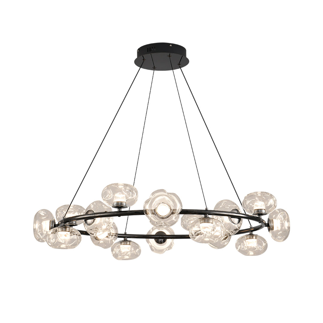 Large gold bubbles chandelier with multiple glass orbs creating statement lighting in spacious room