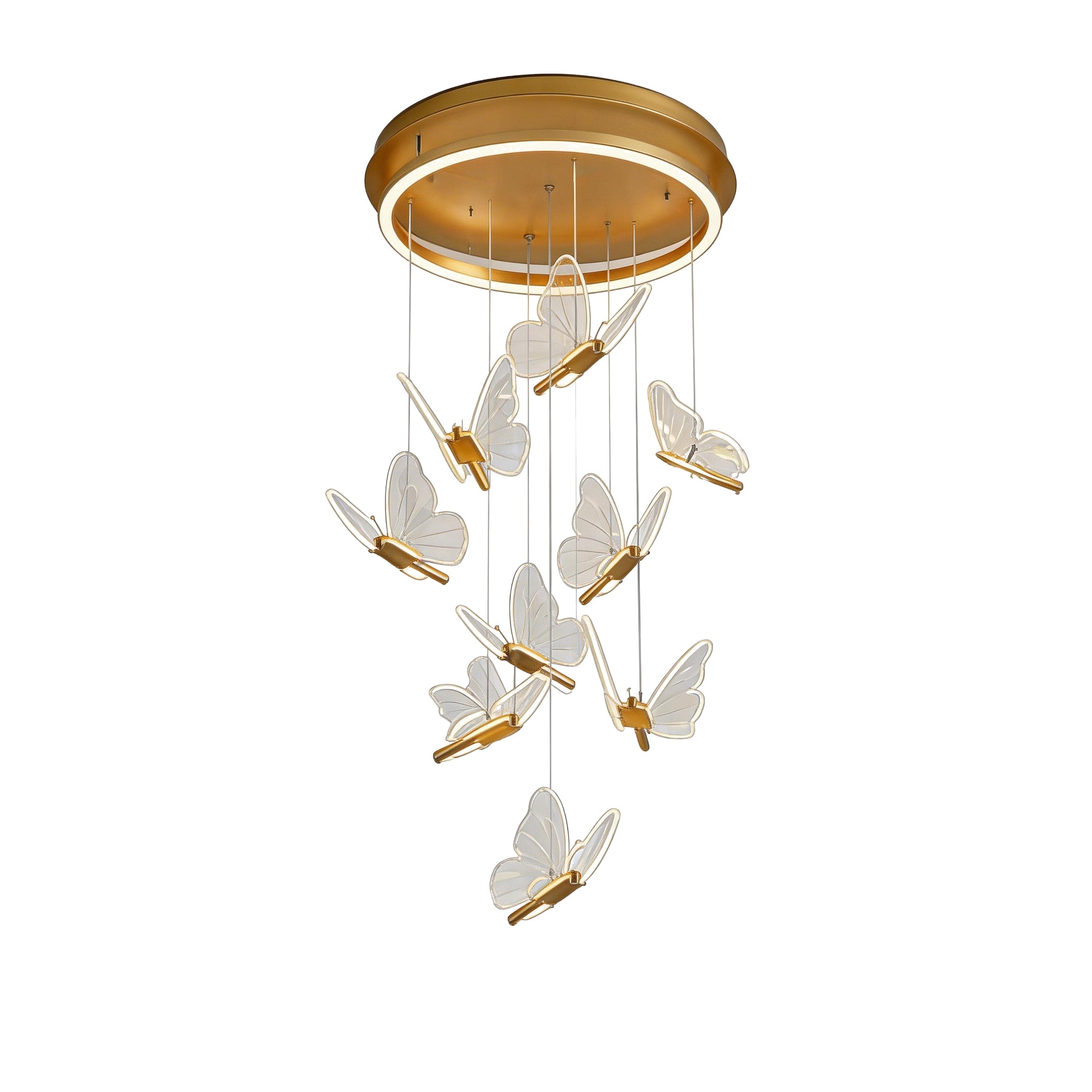 Large gold butterfly chandelier with twelve staggered lights hanging from a modern circular base
