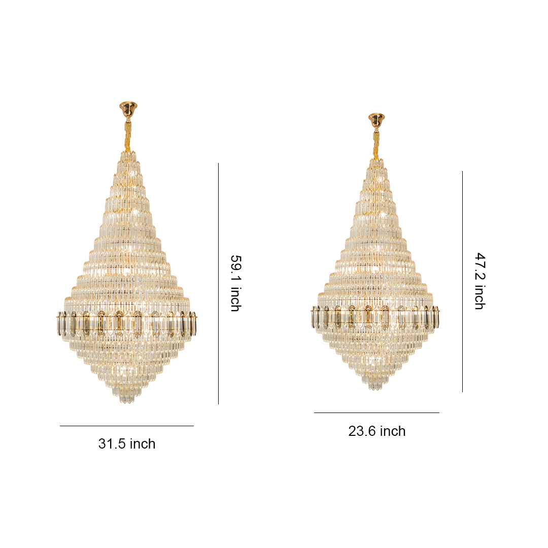 Large gold chandelier comparison showing two sizes with dimension measurements on white background.