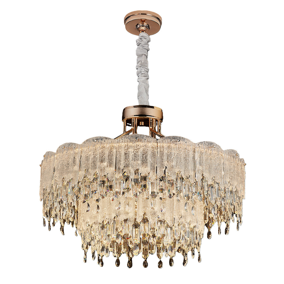 Large round gold glass fringe chandeliers with tiered hanging glass strands.