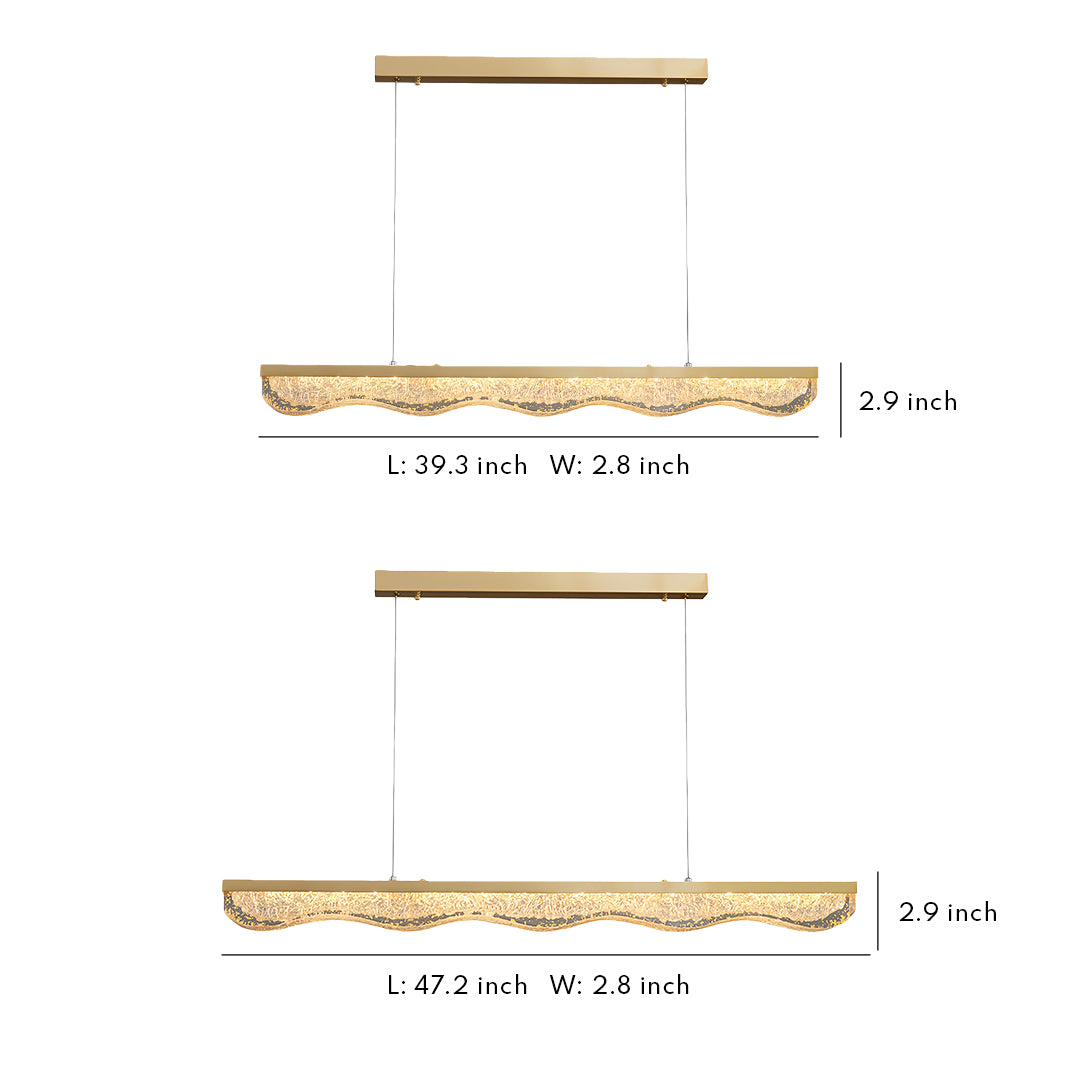 Large gold pendant light technical drawing showing three size options with dimensions on white background