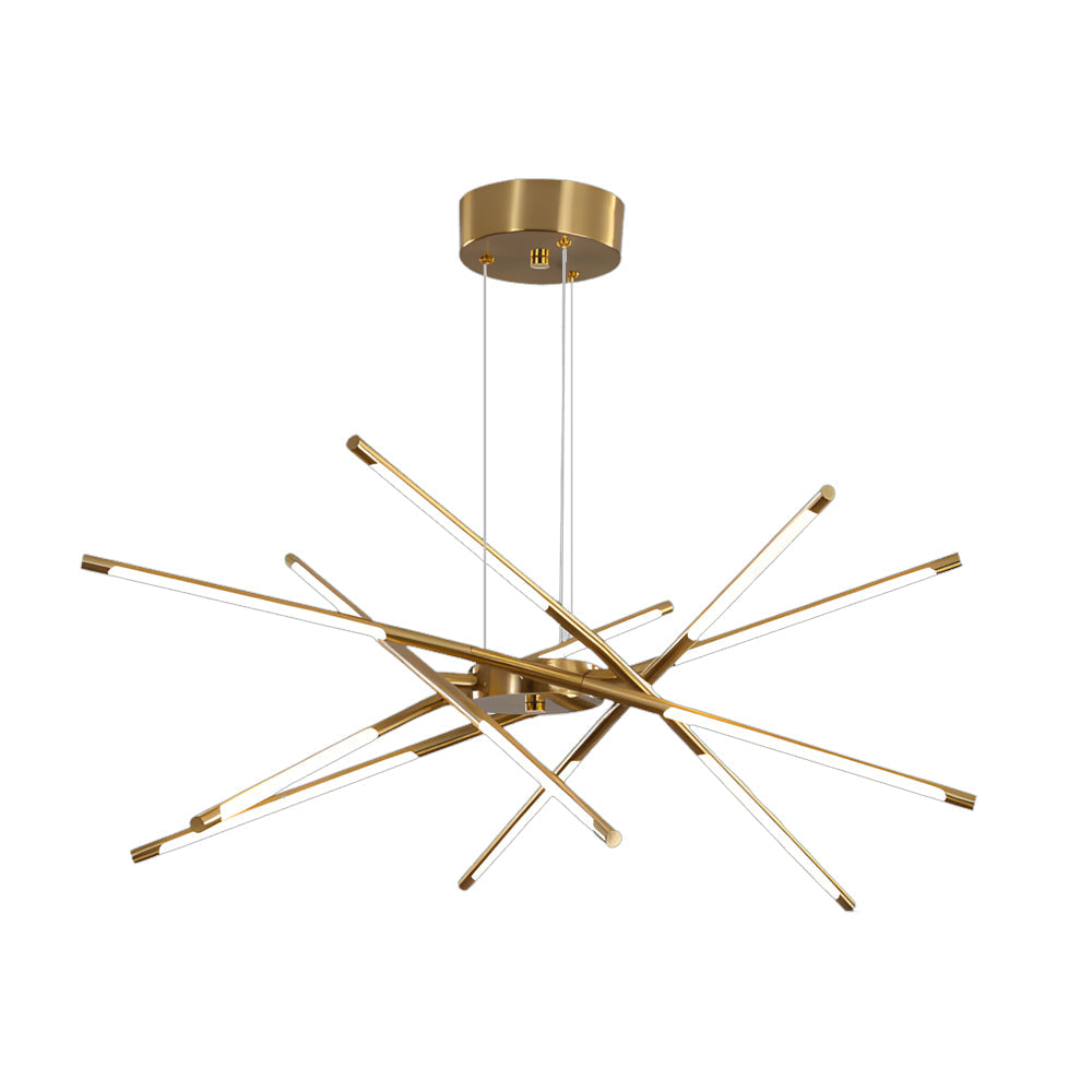 Large gold Sputnik chandelier with multiple slim LED arms and an adjustable hanging structure displayed on a white background.