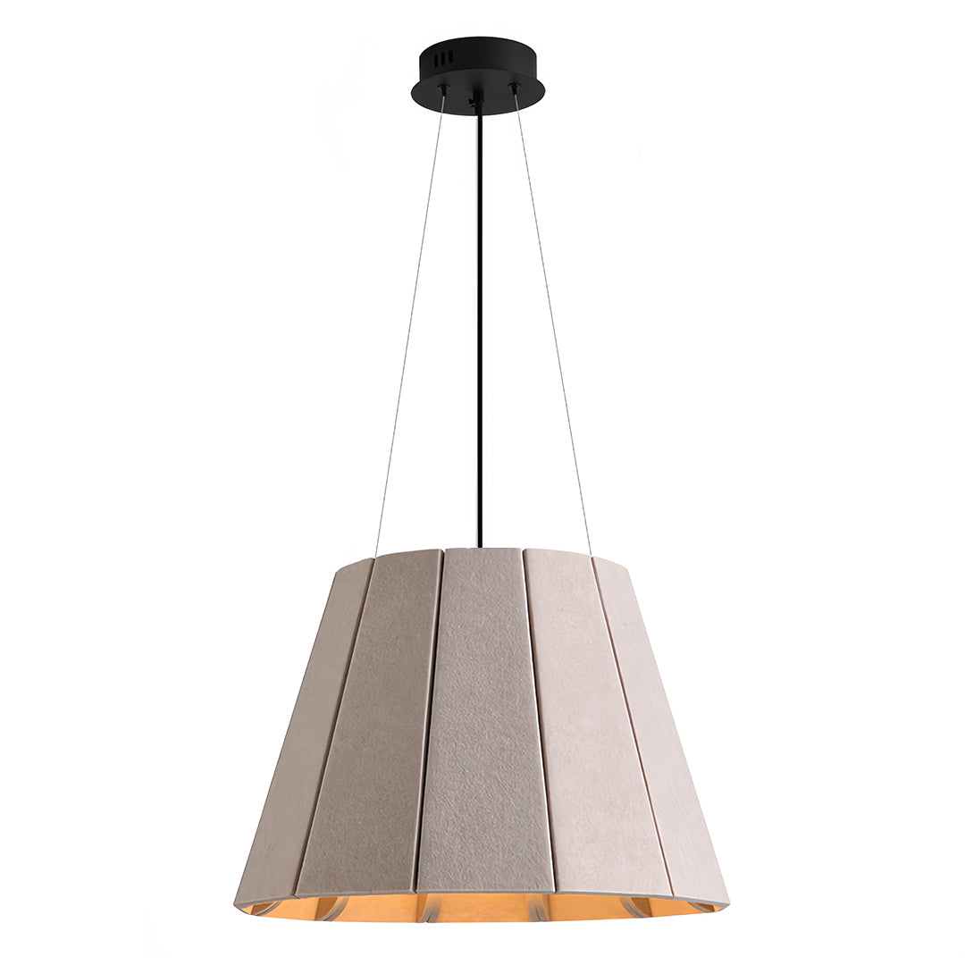 Large tapered neutral gray felt industrial pendant light fixture, showcasing the segmented panel design. 