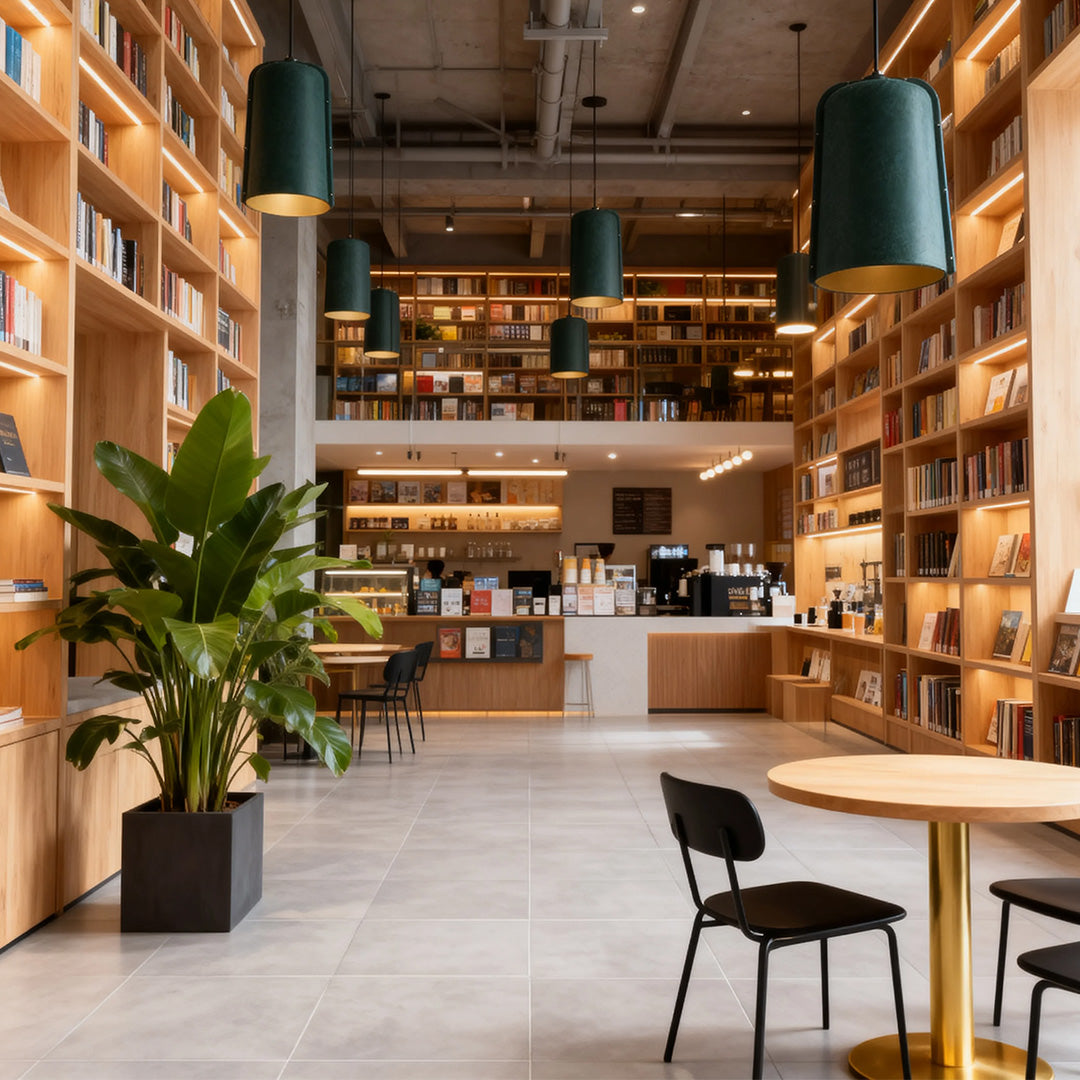 Large green adjustable pendant light fixtures suspended above the open seating area of a multi-level modern bookstore and café.