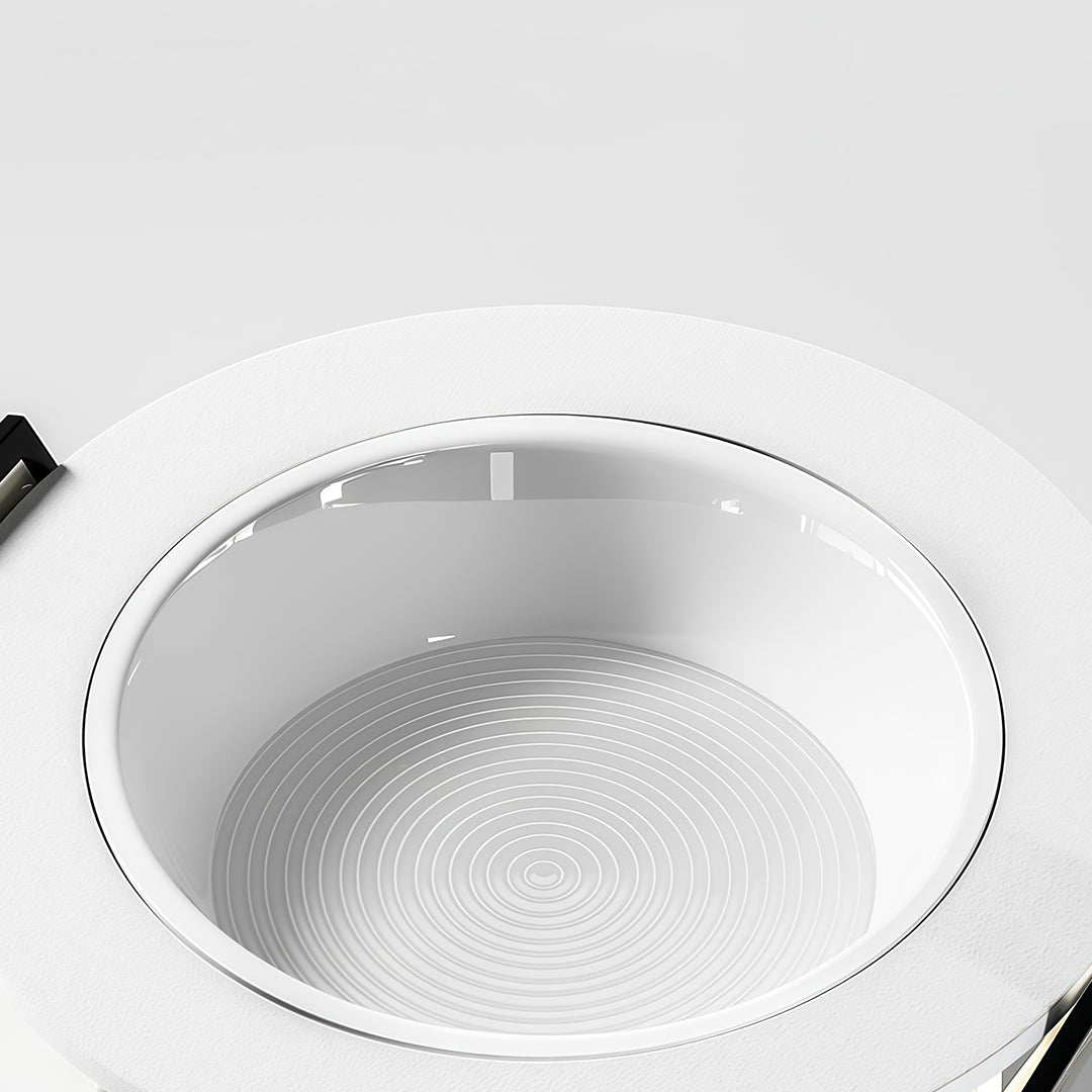Large LED recessed downlight with white reflector and textured interior detail shown from below