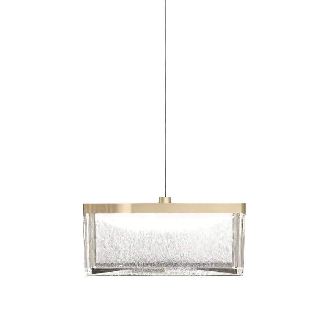 Large metal pendant lights with rectangular textured glass shade and brushed brass frame on white background