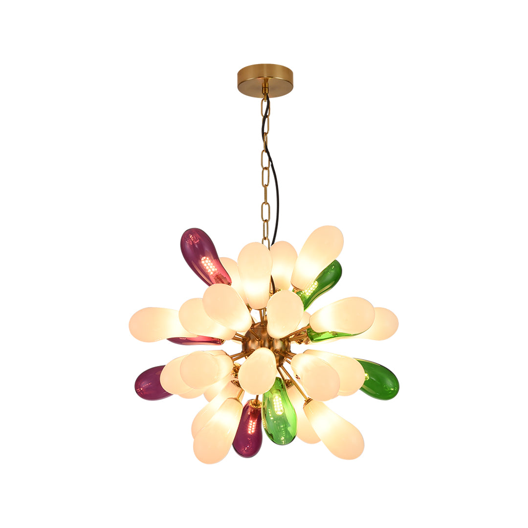 Front view of large modern chandelier with clustered glass lights and gold structure on a neutral background.