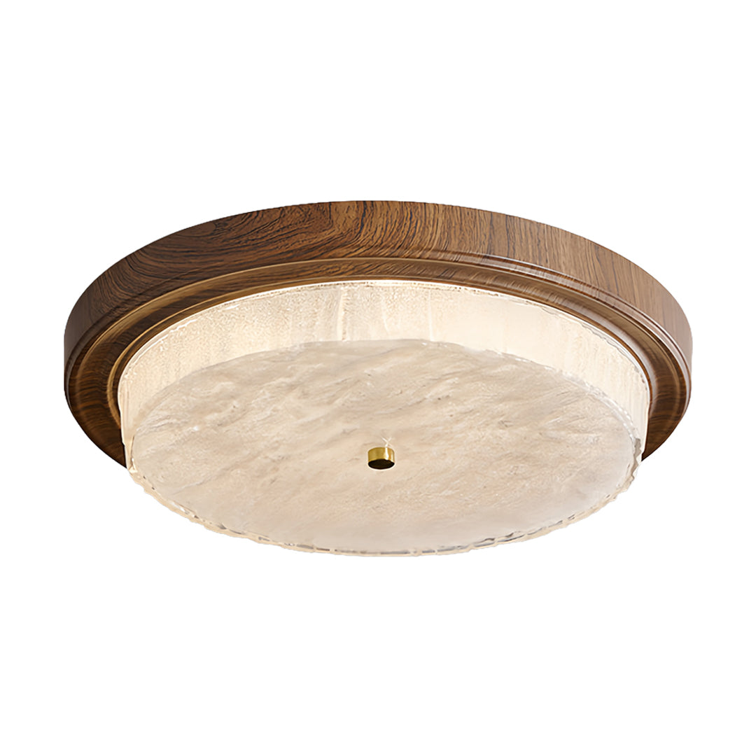 Large wood flush mount ceiling light featuring natural wood frame and frosted glass center