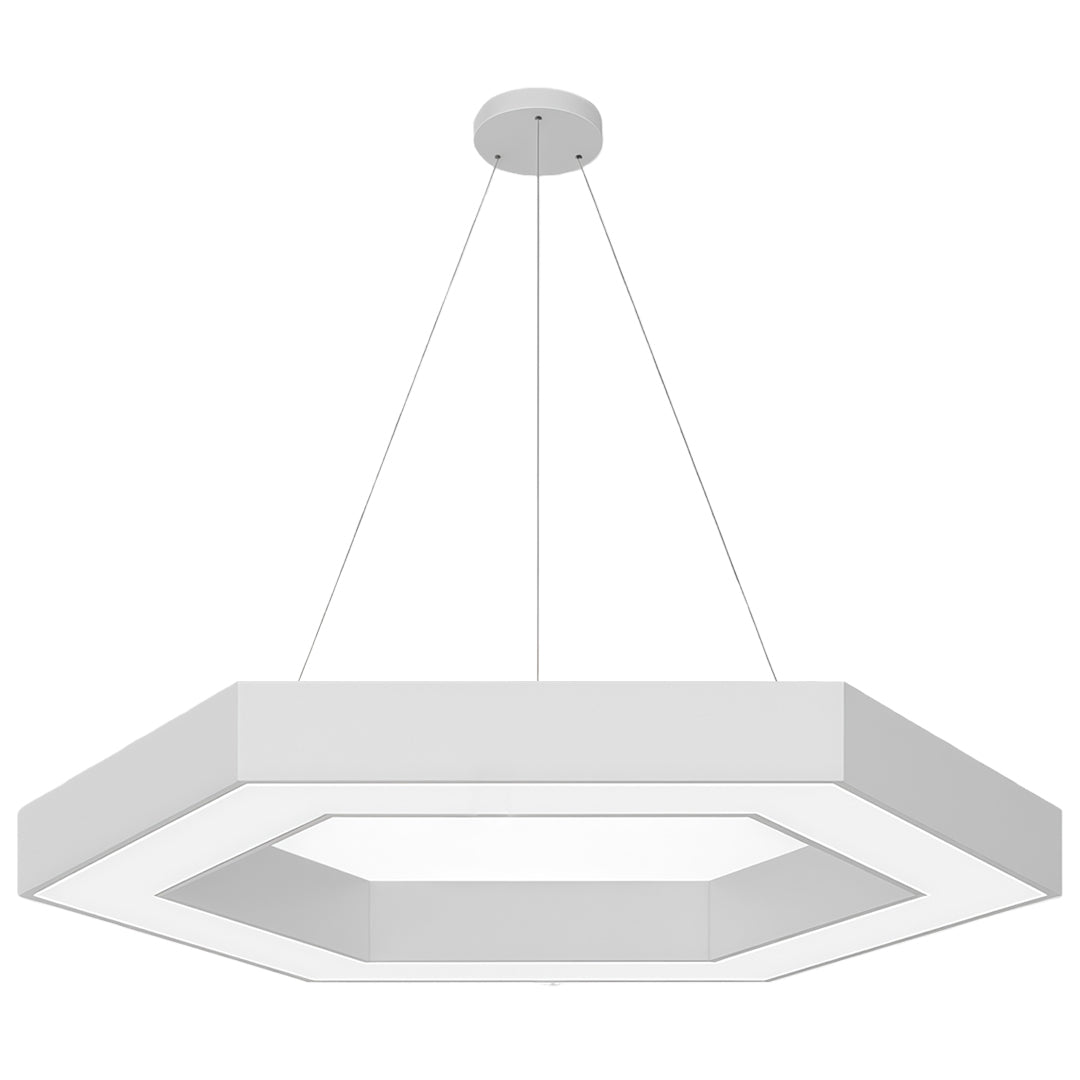 Modern geometric chandelier suspended in a large office space, enhancing the contemporary style of the room.