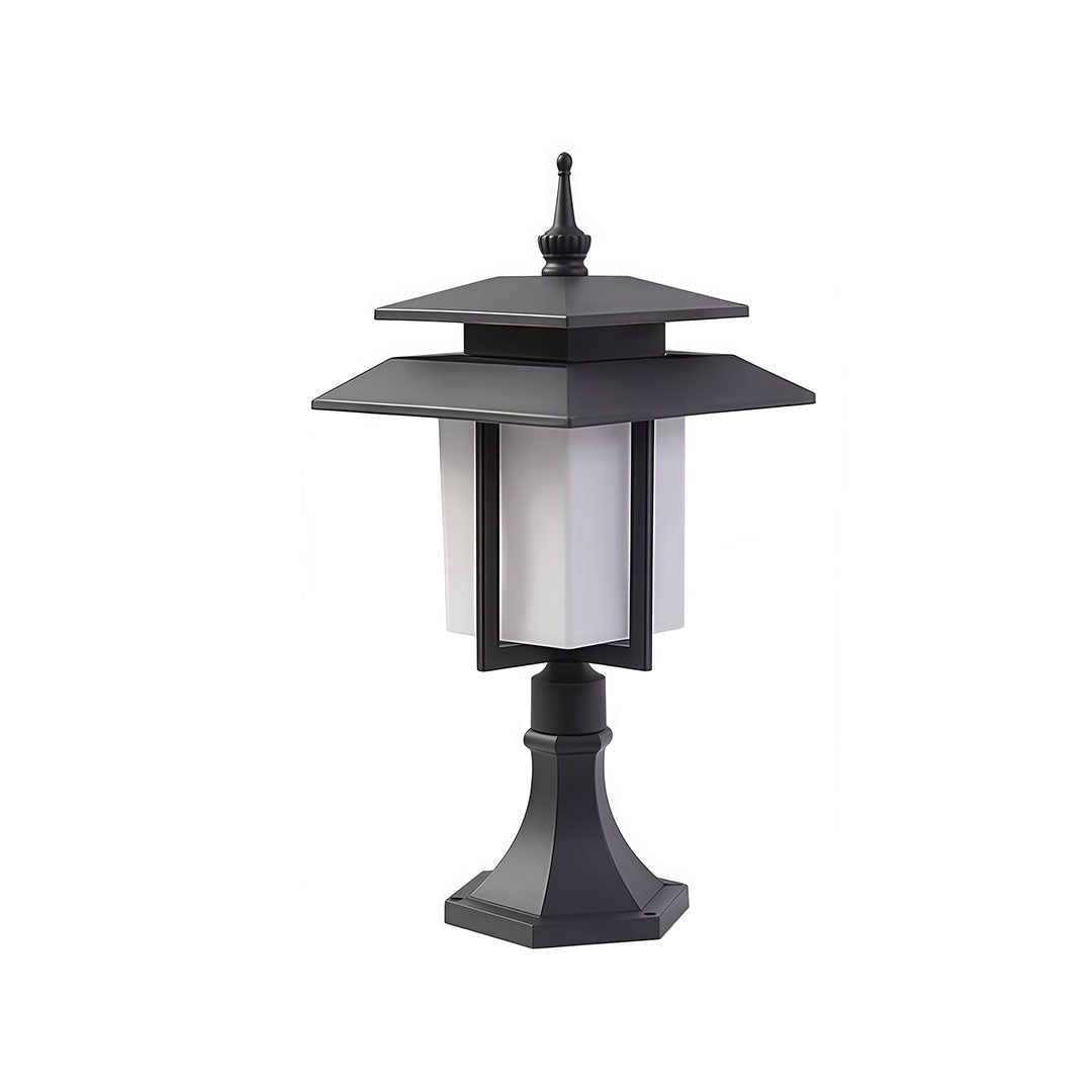 Classic large outdoor pillar light with black metal frame and glass shade for garden or pathway lighting.