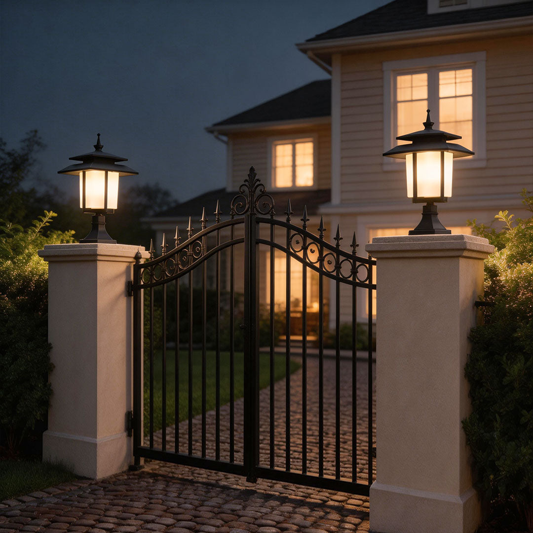 Stylish large outdoor pillar light mounted on a stone pillar beside a gated driveway at dusk.