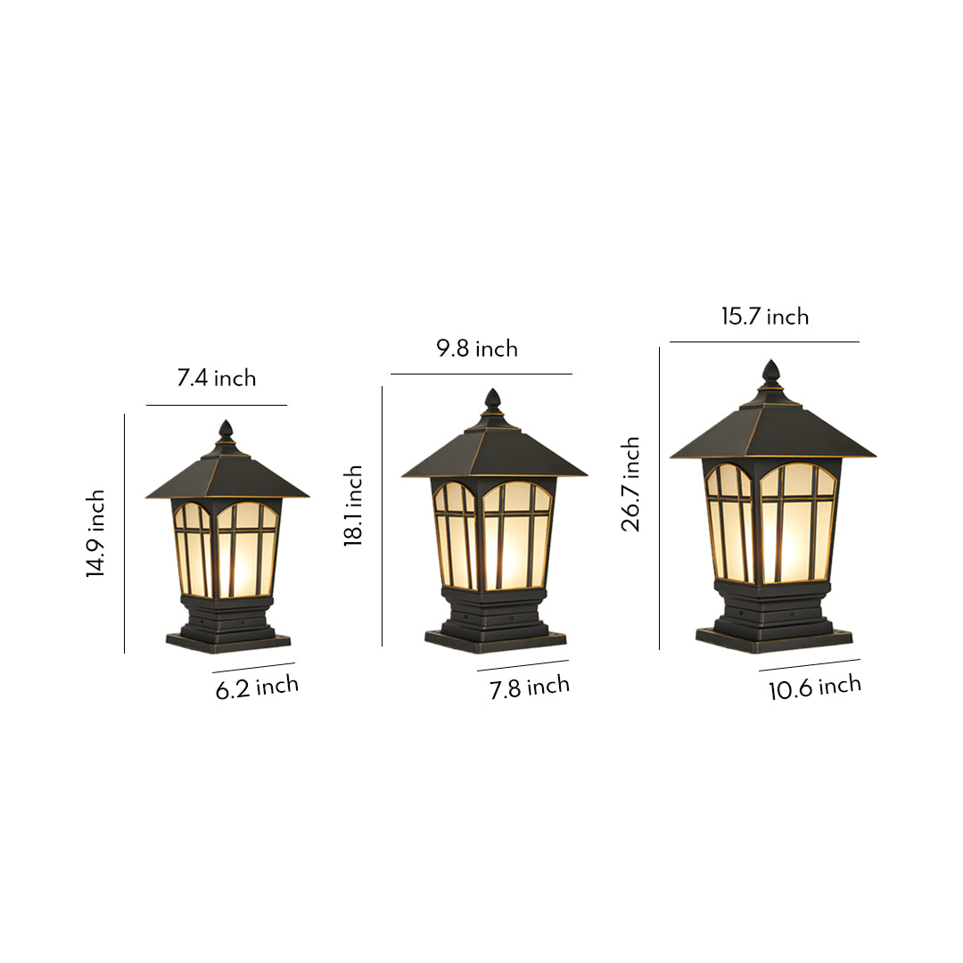 Large outdoor pillar lights with full measurement chart and classic lantern structure.