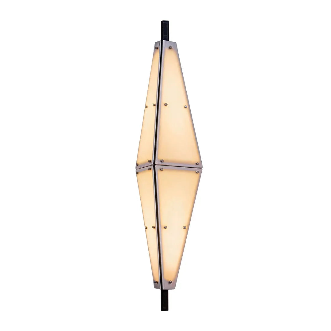 Large outdoor sconces in a white background product view with an elongated geometric silhouette and warm light.