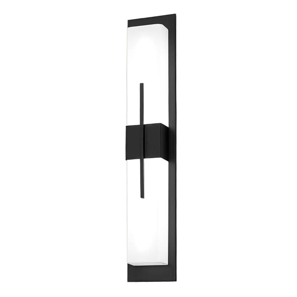 Large outdoor wall light fixture with black frame, mounted on a modern facade.