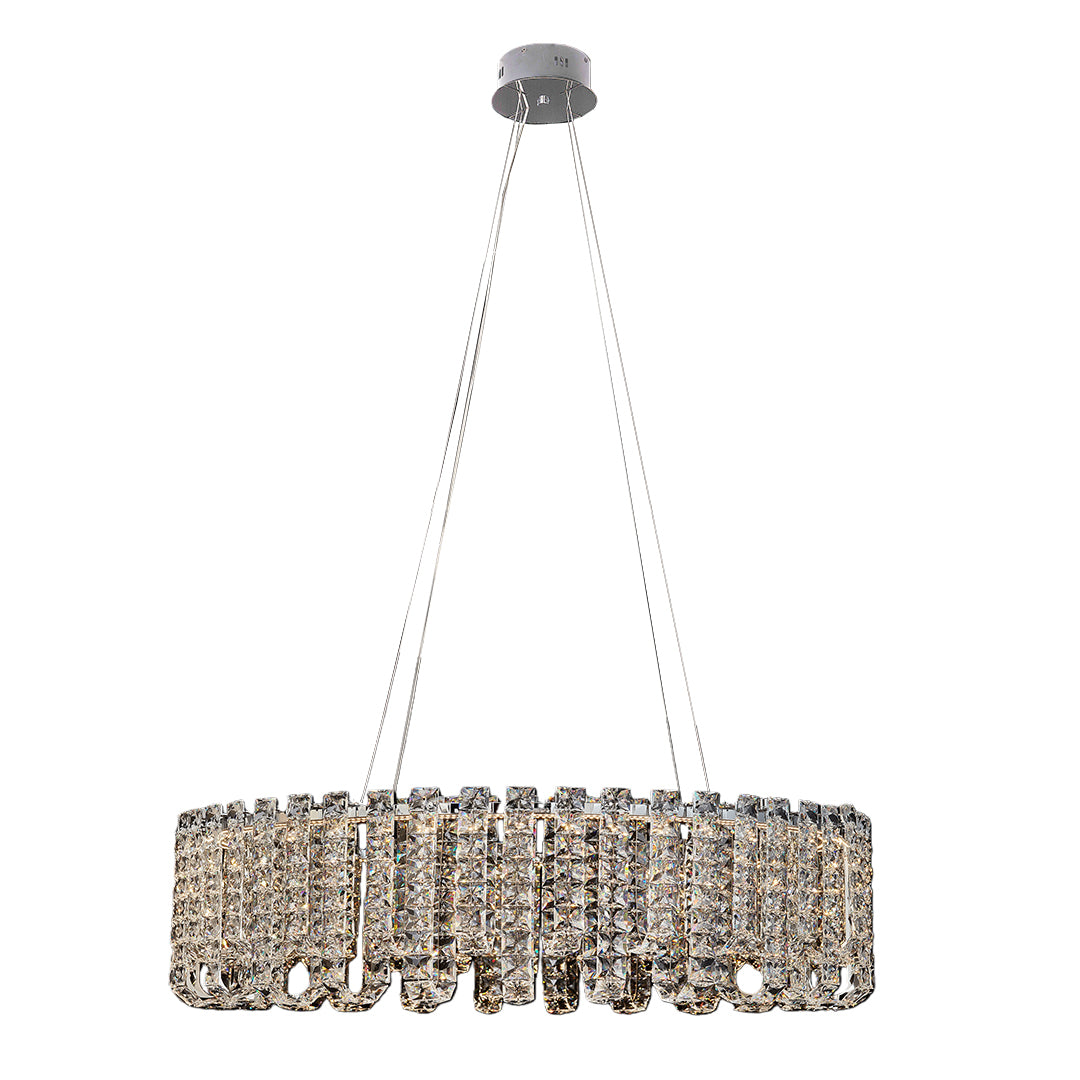 Large oval crystal chandelier modern featuring gold frame and tiered crystals.