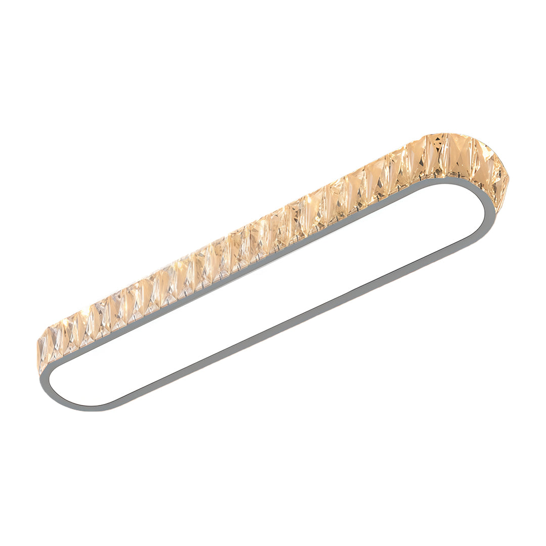 Large oval LED flush mount light fixture with glass shade chandelier design and elegant crystal border embellishments.