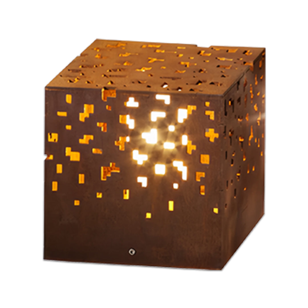 Large decorative black outdoor lantern lights with star-like perforations emitting warm patterned illumination.
