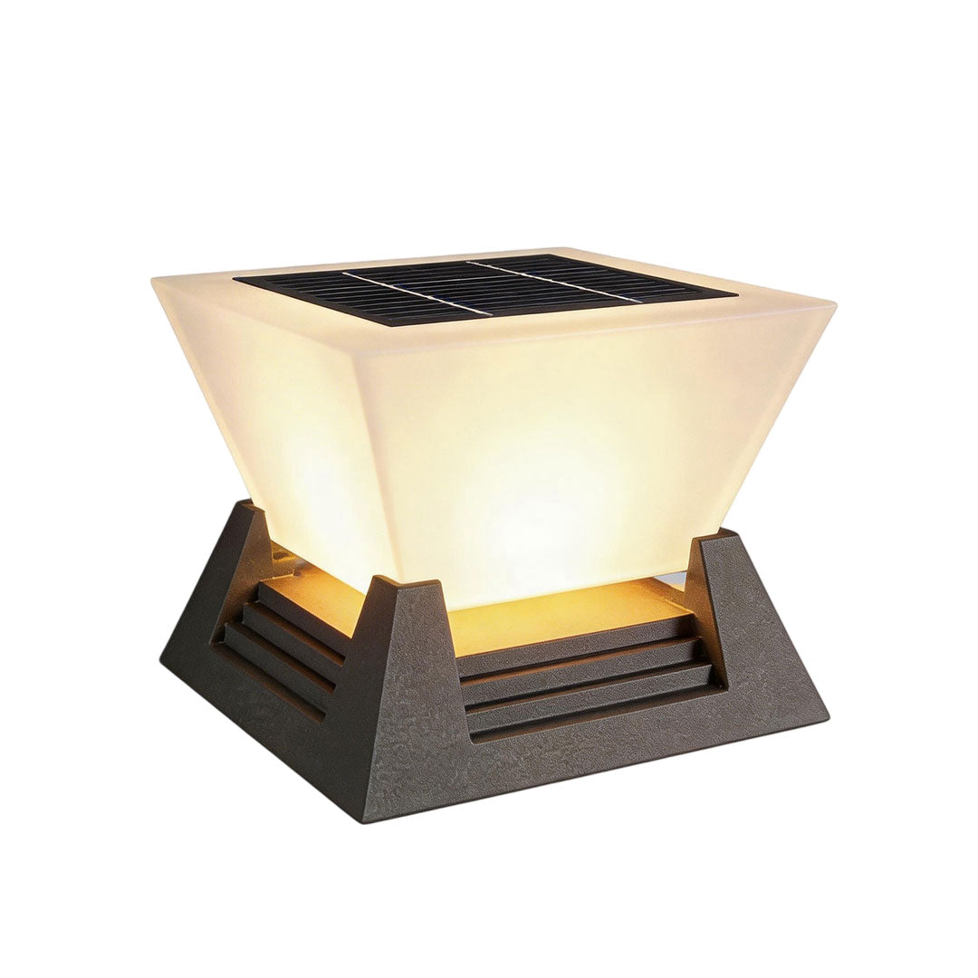 Large pillar light with a black base and illuminated top for garden pathways.