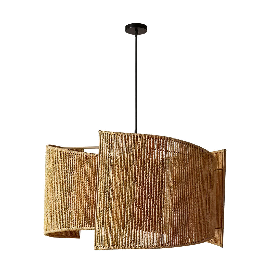 Rattan woven pendant light with a large curved shade for contemporary home decoration.
