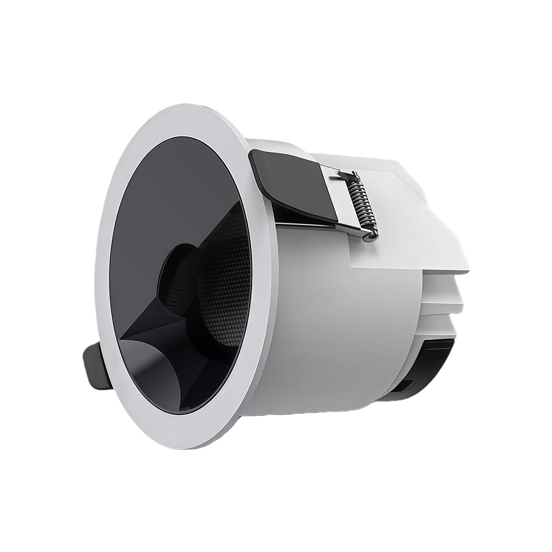 Large recessed spotlight with silver housing and black reflector featuring adjustable tilting mechanism