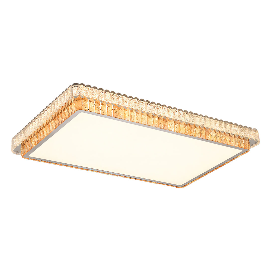 Large rectangular modern flush mount ceiling light with layered crystal design.