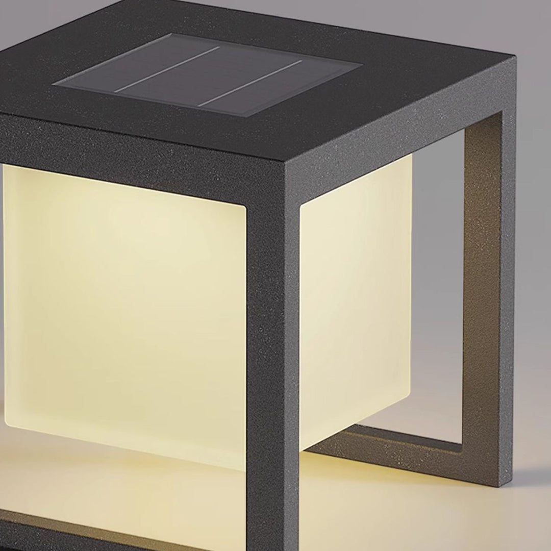 Large rectangular outdoor light fixture with warm glow, handheld light concept scaled for tabletop use
