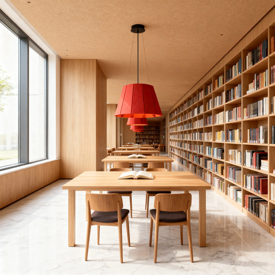Large red felt industrial pendant light fixture providing lighting in a modern library or reading room with extensive wood shelving. 