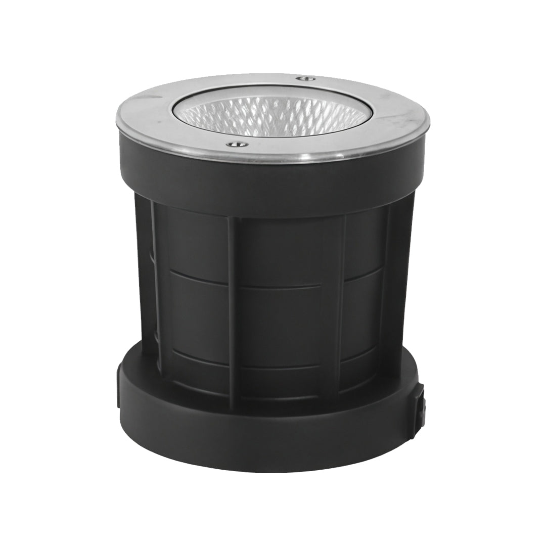Large round inground light designed for high-output outdoor ground lighting applications.
