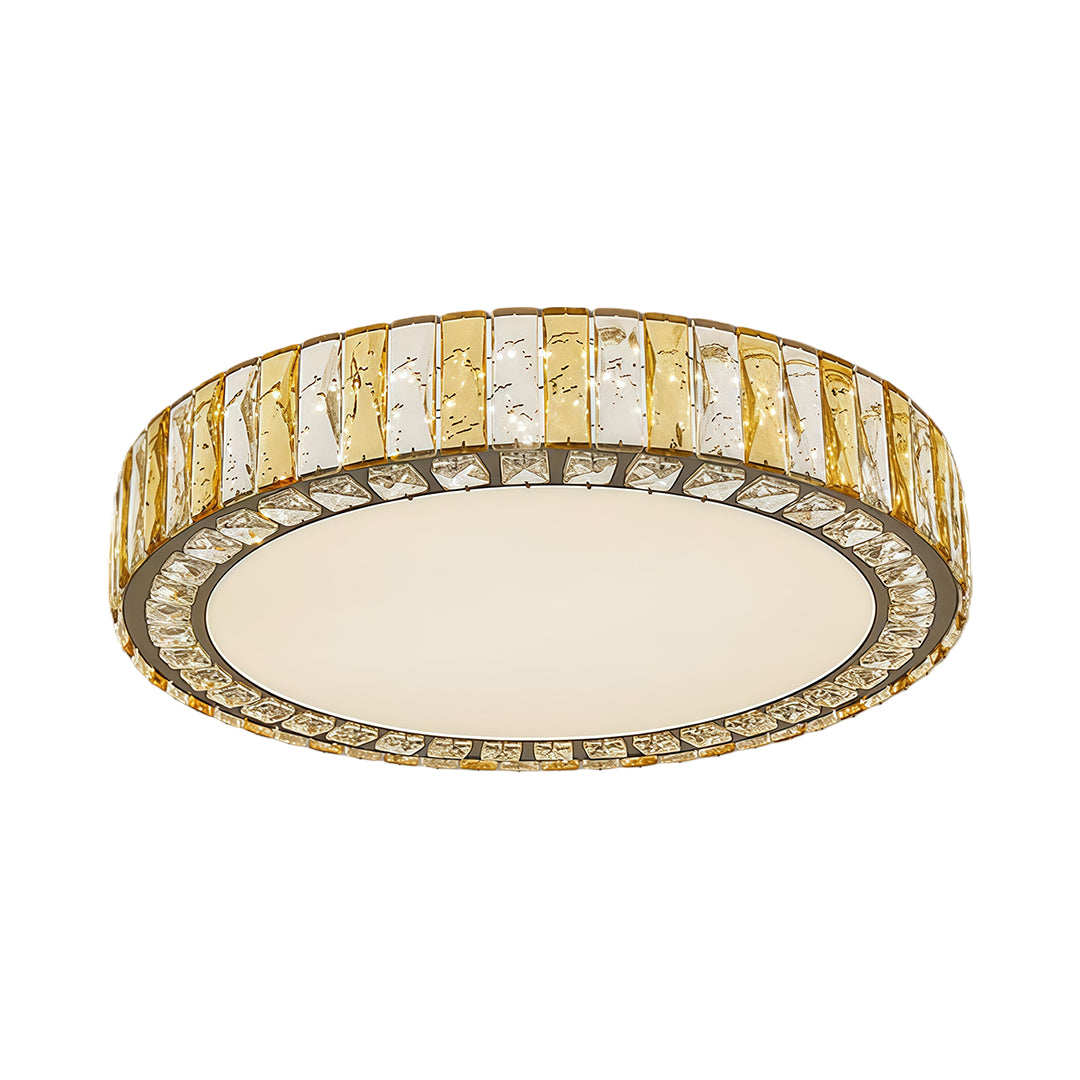 Large round LED flush mounted ceiling lights featuring glass shade chandelier styling with decorative crystal trim detail.